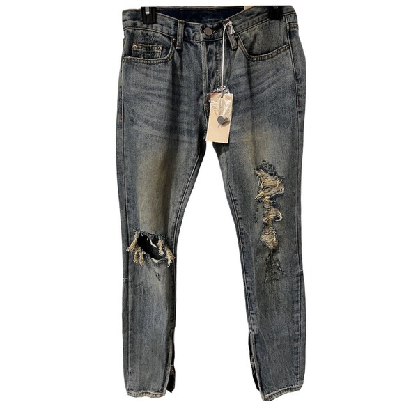 MNML Jeans Mens Sz 28 Distressed Destroyed Button Fly Slim grunge streetwear New - Picture 1 of 14